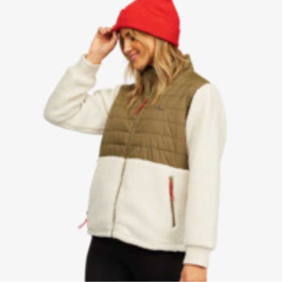 Billabong Adventure fleece tan and green fleece coat- women’s medium - Picture 2 of 7